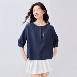 佐丹奴 纯棉府绸女式衬衫夏季圆领半开襟衬衫女中袖纯色宽松休闲衬衫女士