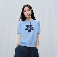 佐丹奴 设计系列2026夏季纯棉花朵提花圆领短袖套头针织衫女款 毛衣