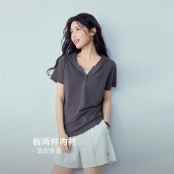 佐丹奴 2026夏季女式T恤时尚新款纯棉连帽半开筒针织短袖T恤女士