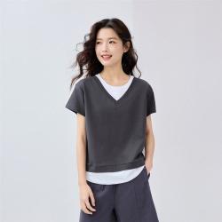 佐丹奴 夏季女式T恤假两件撞色拼接纯棉圆领针织短袖T恤女款