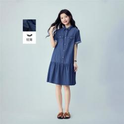 佐丹奴 女款夏季纯棉荷叶边翻领短袖牛仔连衣裙
