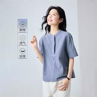 佐丹奴 天然棉麻女式衬衫夏季条纹暗门筒圆领梭织休闲通勤短袖衬衫女士