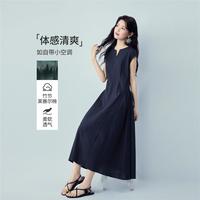 佐丹奴 竹节莱赛尔棉连衣裙夏季2026破骨碎褶小V领梭织背心连衣裙女