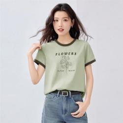 佐丹奴 夏季女式T恤纯棉针织撞色边字母花朵印花圆领运动休闲短袖T恤女