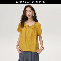佐丹奴 设计系列女式衬衫夏季纯棉镂空串珠圆领插肩梭织短袖衬衫女士