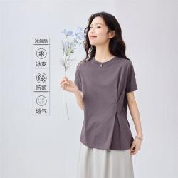 佐丹奴 夏季女式T恤凉感收褶斜下摆圆领针织休闲短袖T恤女款