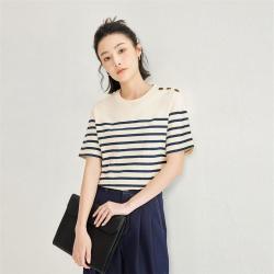 佐丹奴 条纹女式T恤夏季肩部纽扣设计圆领针织日常休闲短袖T恤