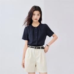 佐丹奴 纯棉提花暗纹女式衬衫夏季温柔气质圆领梭织休闲短袖衬衫女士