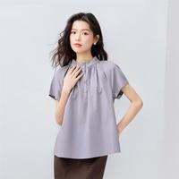 佐丹奴 夏季纯棉府绸女式衬衫法式优雅压褶小立领插肩梭织短袖衬衫女