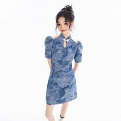 衣品天成 女士连衣裙 改良旗袍 复古提花露肩牛仔裙