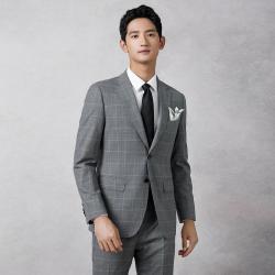 堡尼 西装男商务正装休闲修身结婚西服格纹外套