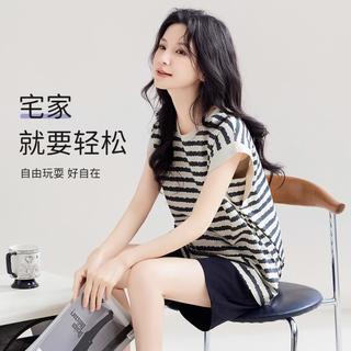 欧迪芬 100%纯棉条纹防走光女士睡衣套装