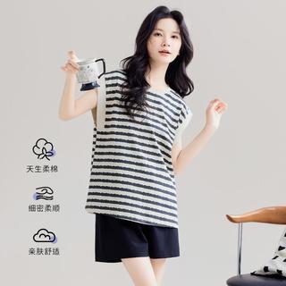 欧迪芬 100%纯棉条纹防走光女士睡衣套装