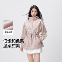 森马 两穿牛仔外套女秋季中长款抽绳宽松落肩连帽夹克复古做旧休闲风衣