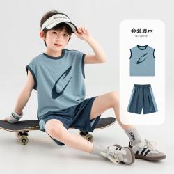 多多家 男童篮球服夏季儿童动感印花运动背心套装中大童透气软弹爽滑短裤
