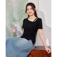 爱依服 大码女装黑色上衣2026春夏季褶皱纯欲T恤