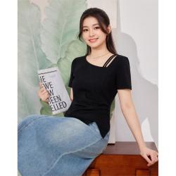 爱依服 大码女装黑色上衣2026春夏季褶皱纯欲T恤