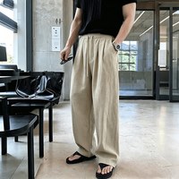 月伊纺 新款宽松直筒弯刀裤白色男士100%纯棉休闲裤青年棉麻长裤山本裤