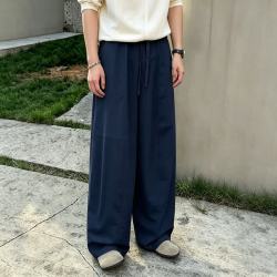 月伊纺 松紧腰抽绳阔腿裤男夏季新款宽松直筒休闲裤青年莱赛尔亚麻裤长裤