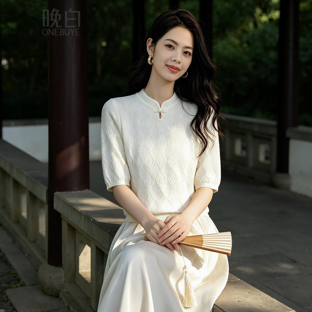 晚白 气质文艺风上衣 新中式国风针织衫 女