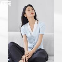 DUIBAI 撞色假两件挂脖针织短袖T恤女2026夏装修身显瘦正肩上衣