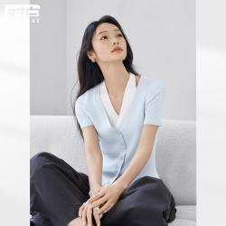 DUIBAI 撞色假两件挂脖针织短袖T恤女2026夏装修身显瘦正肩上衣