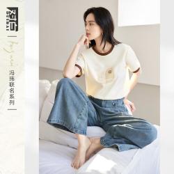DUIBAI 2026夏装撞色印花短袖女式T恤圆领上衣