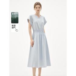 ELLE 清新减龄短袖裙2026年夏季新款优雅气质牛筋收腰小V领连衣裙