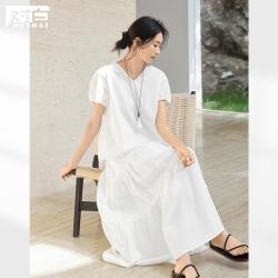 DUIBAI 女士法式泡泡袖V领衬衫半身裙亚麻两件套