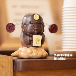 木易 龙猫木雕摆件实木质小风车汽车载摆件工位桌面可爱七夕礼物男女生 财神爷动态摆件