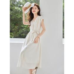欧莎 夏装女式气质优雅V领无袖系带收腰显瘦连衣裙