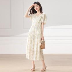舒朗 小清新夏季轻薄连衣裙女士优雅减龄短袖公主裙气质百搭中长裙