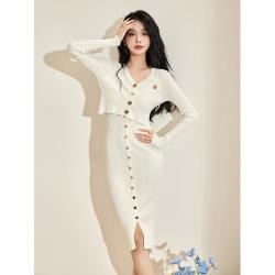 美丽衣橱 针织开衫连衣裙两件套装秋季女修身法式高级感裙子