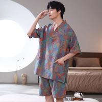 bebedog纯棉汗蒸服女大码纱布睡衣男全棉春夏短袖短裤家居服套装情侣浴衣 菱形格 XL (130-160斤)