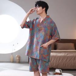 bebedog纯棉汗蒸服女大码纱布睡衣男全棉春夏短袖短裤家居服套装情侣浴衣 菱形格 XL (130-160斤)