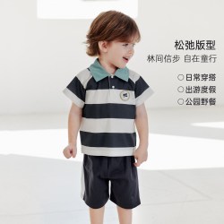 巴厘小猪 男童夏季套装2026新款棉短袖凉感宝宝条纹polo衫两件套儿童夏装 夜色蓝条纹 100