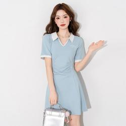 真维斯 撞色褶皱短袖Polo裙女款夏季美式运动收腰显瘦短裙休闲连衣裙