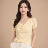 俏佳人 甜美气质一字肩褶皱T恤女夏季百搭修身舒适上衣女士打底T恤