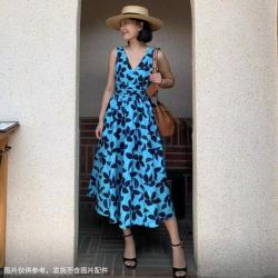 Kate Spade 女士时尚轻奢V领收腰印花连衣裙