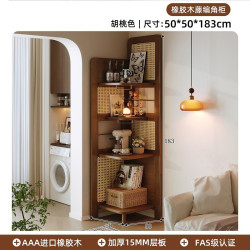 KERZY 实木角柜中古风转角置物架藤编拐角柜卧室隔断柜靠墙展示三角书柜 【橡胶木 藤编 转角