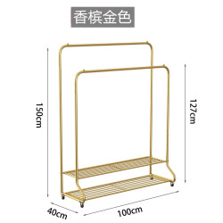 艾风格 双杆铁艺落地衣帽架家用可移动多功能挂衣鞋架 香槟金-100cm