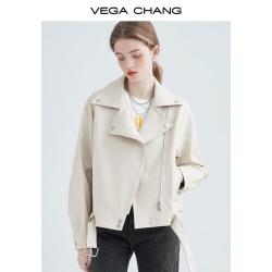VEGA CHANG 女士机车皮衣 西装领BF风pu皮夹克