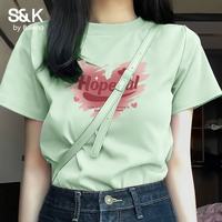 班尼路 S&K 纯棉宽松短袖T恤女 水绿#粉红破碎心