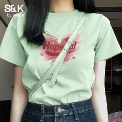 班尼路 S&K 纯棉宽松短袖T恤女 水绿#粉红破碎心