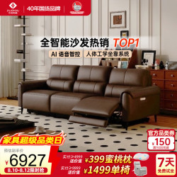 左右家私 左右黑珍珠6058奢选半青皮零靠墙电动语音智能沙发可可咖2.88m