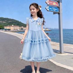 迪士尼 艾莎女童公主裙夏季款薄款儿童中大童无袖polo领网纱连衣裙