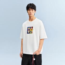 太平鸟 男装2026夏款圆领重磅纯棉印花体恤衫潮纯色半袖男式T恤