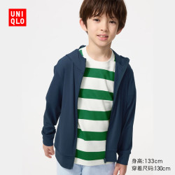 优衣库 童装男童女童AIRism防紫外线拉链连帽开衫防晒衣服483716 69 藏青色