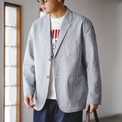 马登 工装 美式休闲泡泡纱条纹西装外套cityboy平驳领宽松夹克男春