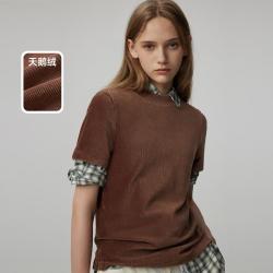 TEENIE WEENIE 女式T恤小熊春秋装款气质天鹅绒中领短袖T恤柔软通勤复古时髦